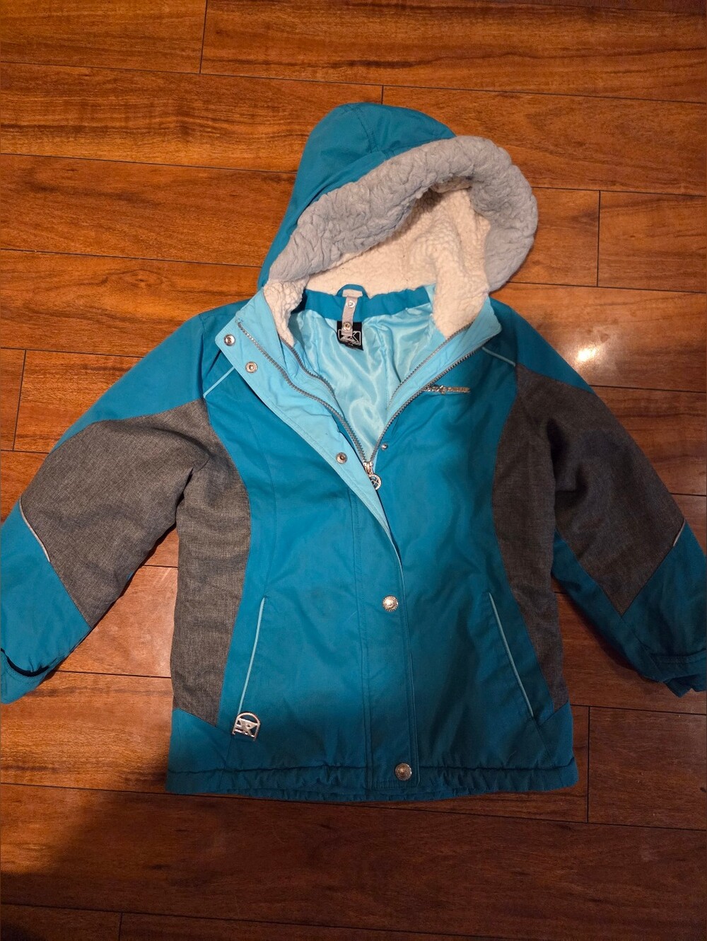 Kids Teal and Gray Hooded Winter Jacket Girls Size 7/8